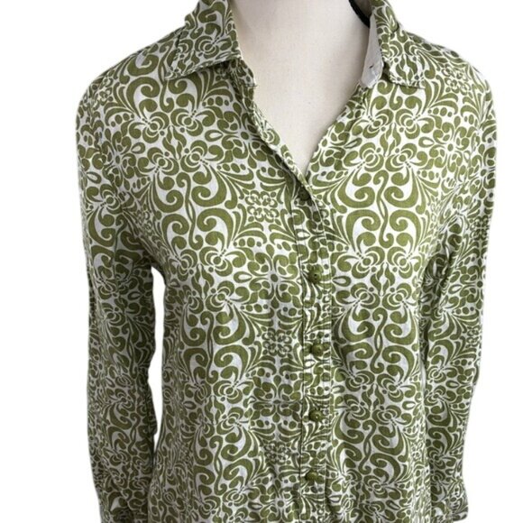 Charter Club Button Front Blouse Womens Size 6 Green White Scroll Print Linen - Picture 3 of 7